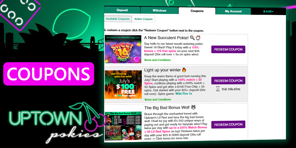 Coupons section at Uptown Pokies casino