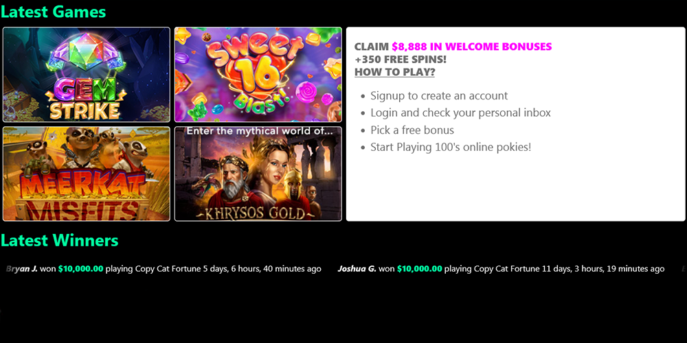 Uptown Pokies casino homepage image with last Games and winners