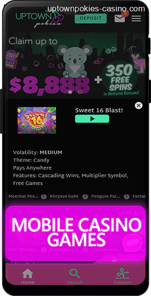 Uptown Pokies Mobile App Interface