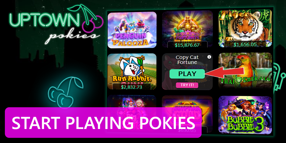 Uptown Pokies Casino games, red arrow on 'PLAY' button for start playing