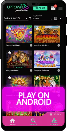 Screenshot of Uptown Pokies app interface on an Android device showing game lobby